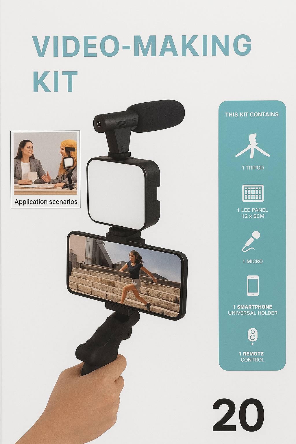 Kit complet de création vidéo avec lumière LED, microphone et support smartphone – AY-49